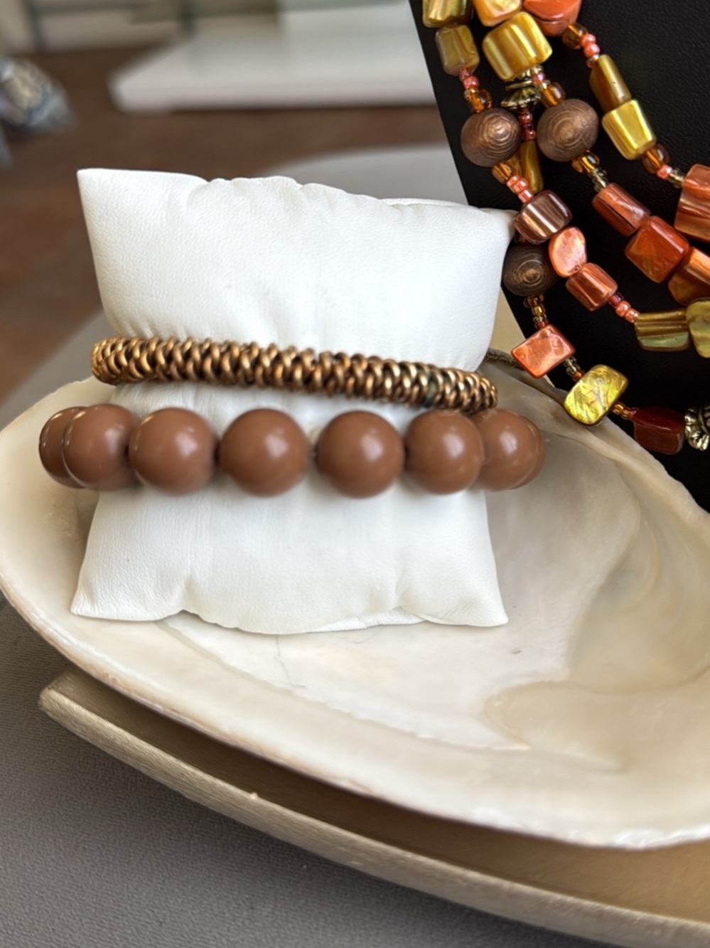 Boho Multi-Strand Orange and Gold Beaded Necklace Set - Earrings Bracelets Gift - Picture 3 of 5